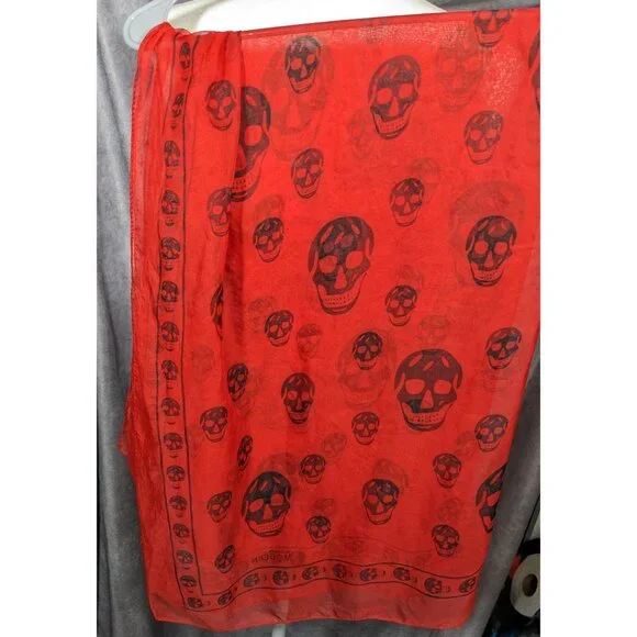Alexander McQueen Red And Black Lightweight Skull Scarf
